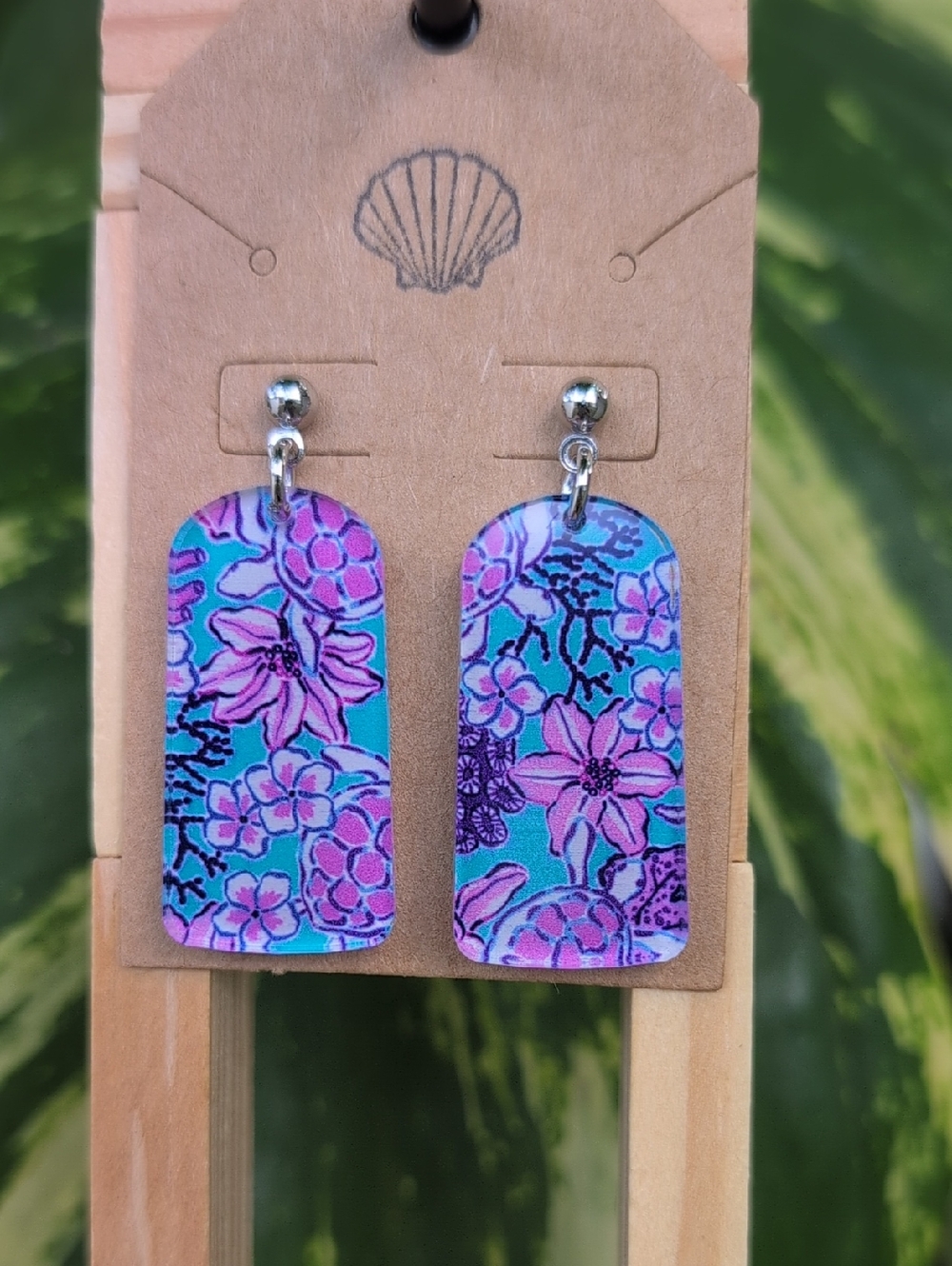 Turquoise & Purple Floral Beach Turtle Dangle Earrings